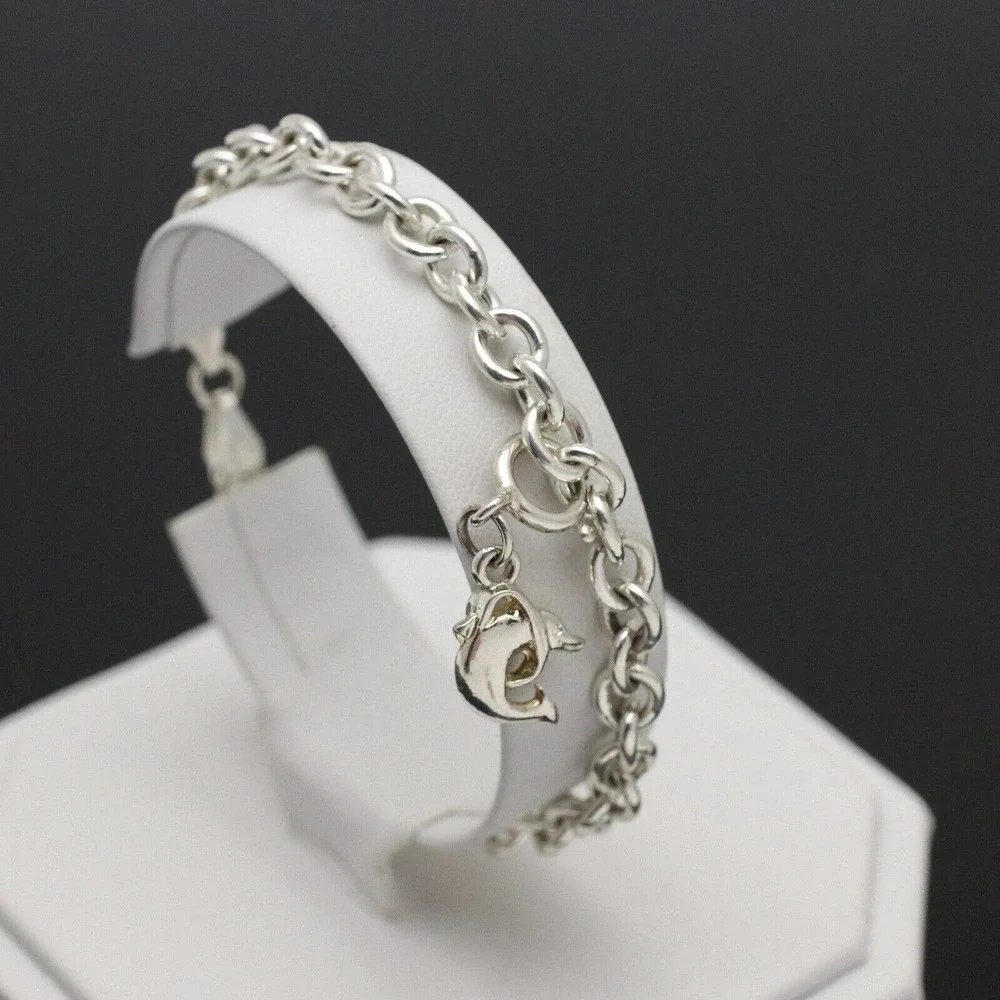 Vintage SU Sterling Silver 925 Dolphin Charm Link Bracelet 7.5"_9